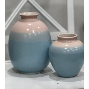 Vintage Pair Of Pastel Pink Blue BOHO Padilla SIGNED Vase Mexico Pottery 6" & 9"